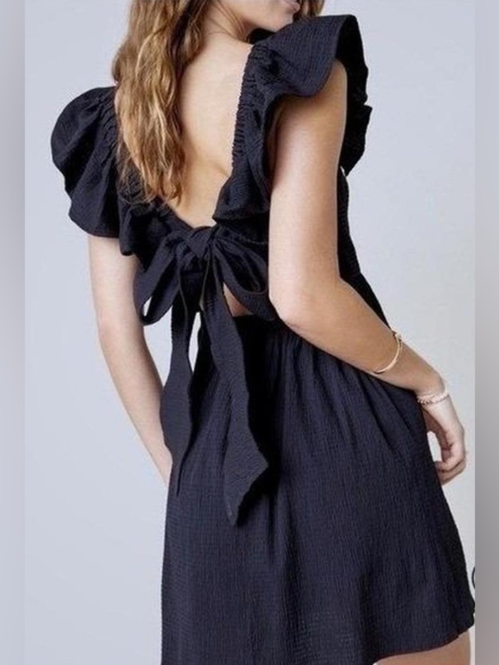 Franchesca’s Mi Ami Black Ruffle Sleeve Gauze Dress W Tie Back Bow Detail L NWT